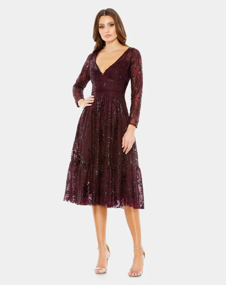 Lace Embellished Long Sleeve Ruffle Hem Dress