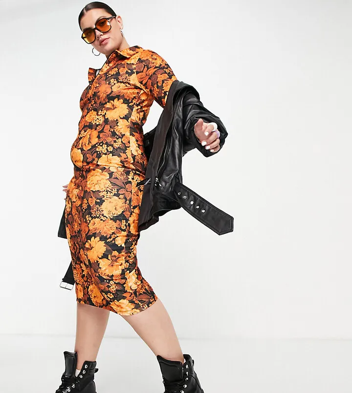 ASOS DESIGN Curve midi column dress in 70s floral
