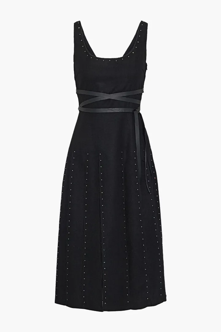 Belted pleated crystal-embellished wool and tulle dress