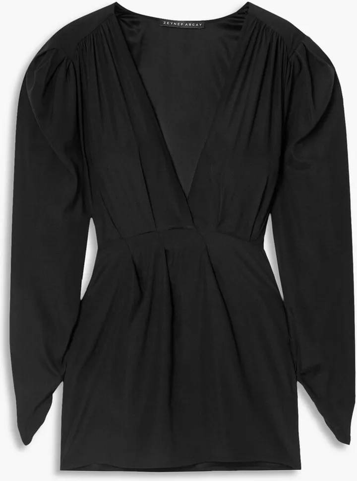 Wrap-effect gathered silk mini dress
