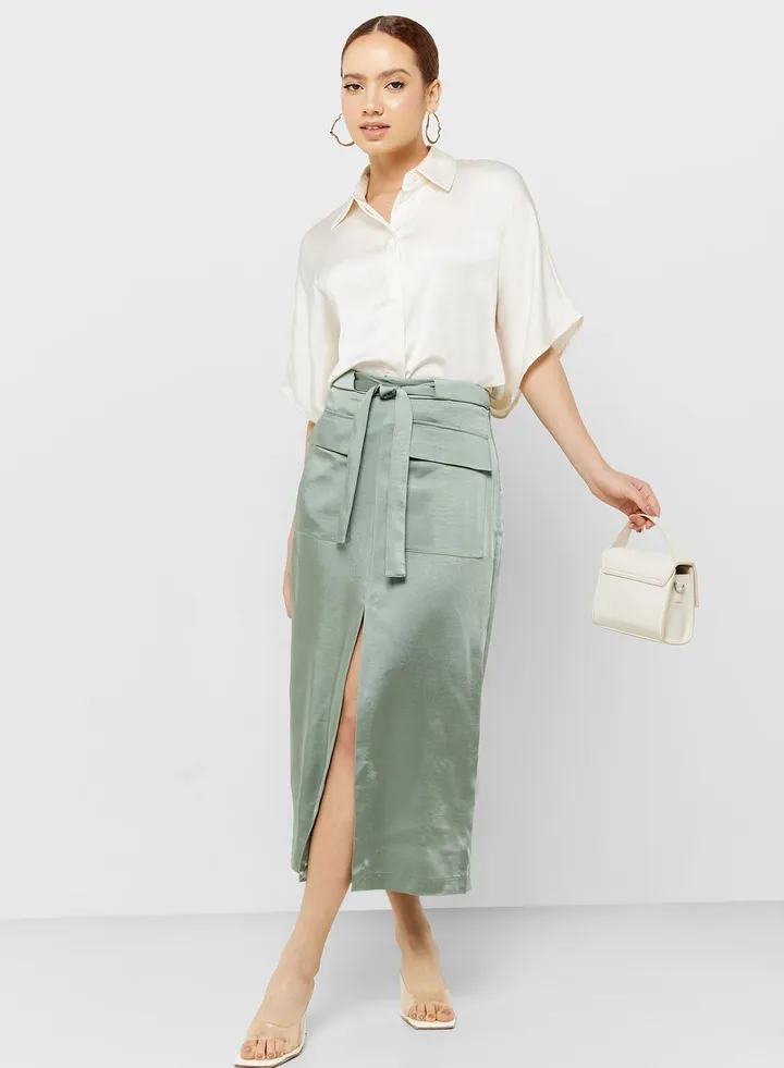 Tie Detail Front Slit Skirt