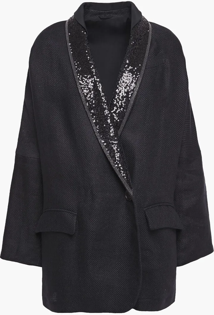 Embellished satin-trimmed linen-twill blazer