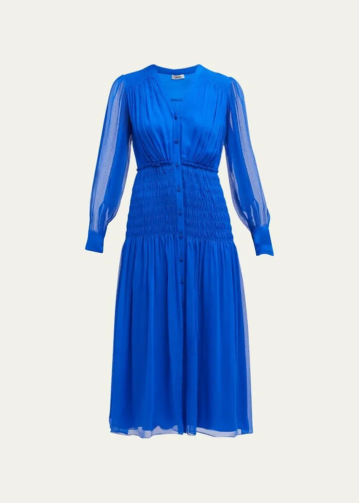 Smocked Blouson-Sleeve Midi Dress