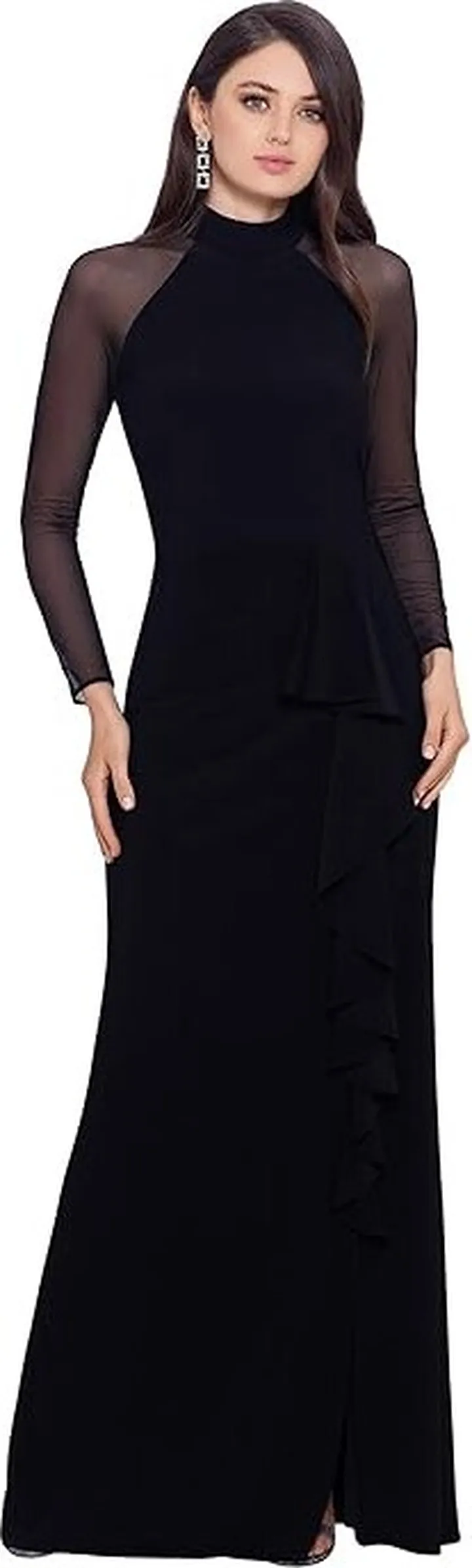 Betsy & Adam Long Sleeve Illusion Mesh Halter Jersey Gown (Black) Women's Clothing