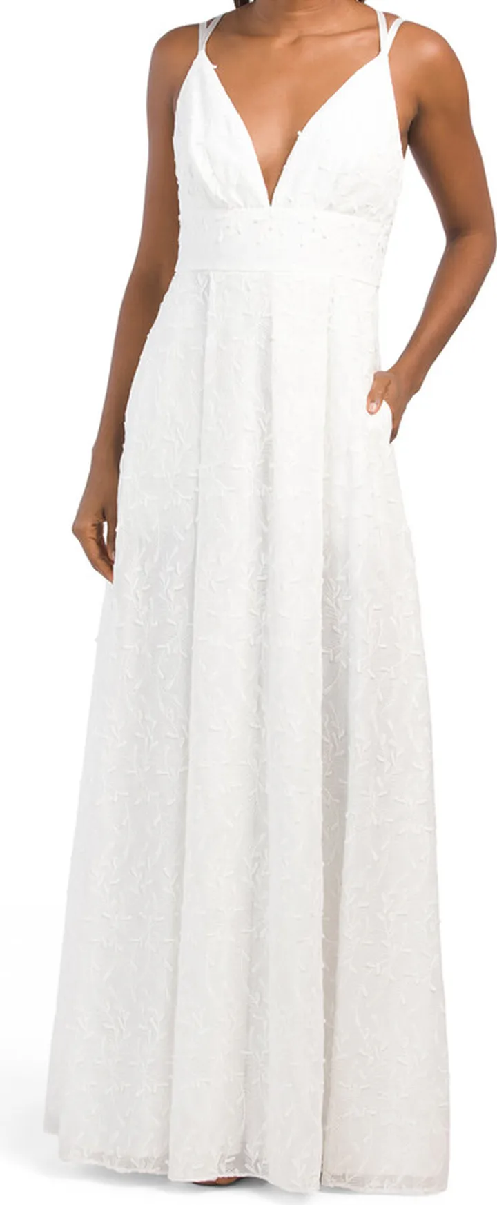 V-neck Embroidered Gown With Criss Cross Back
