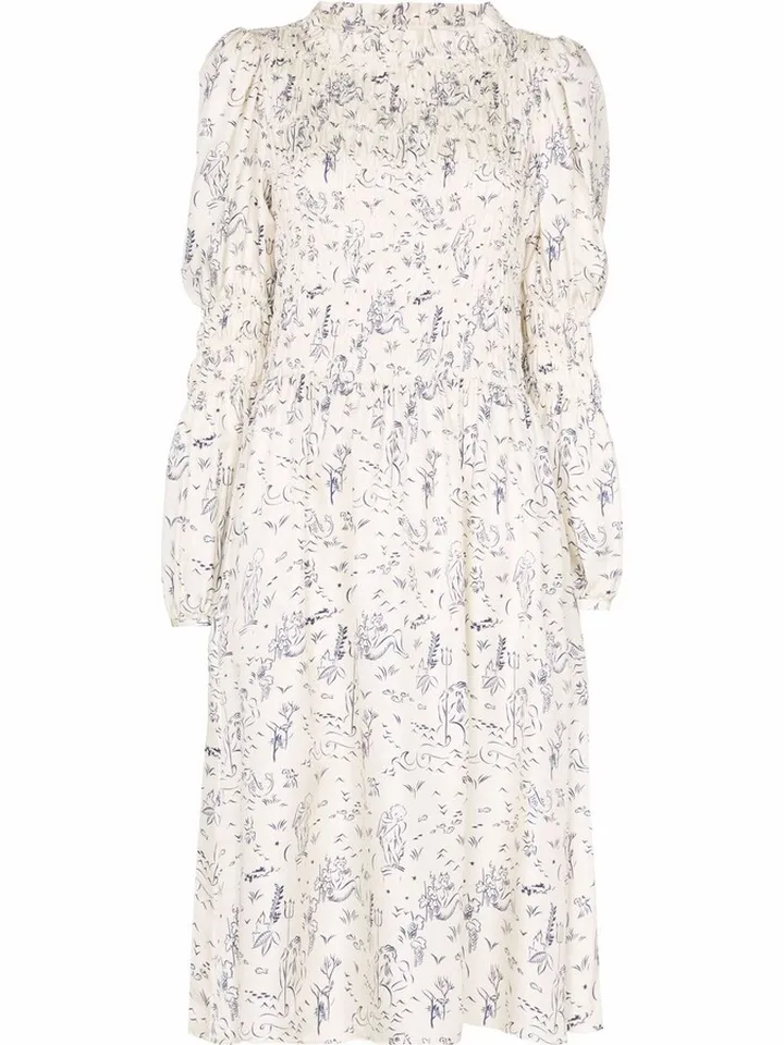 Marina illustration-print smocked midi dress