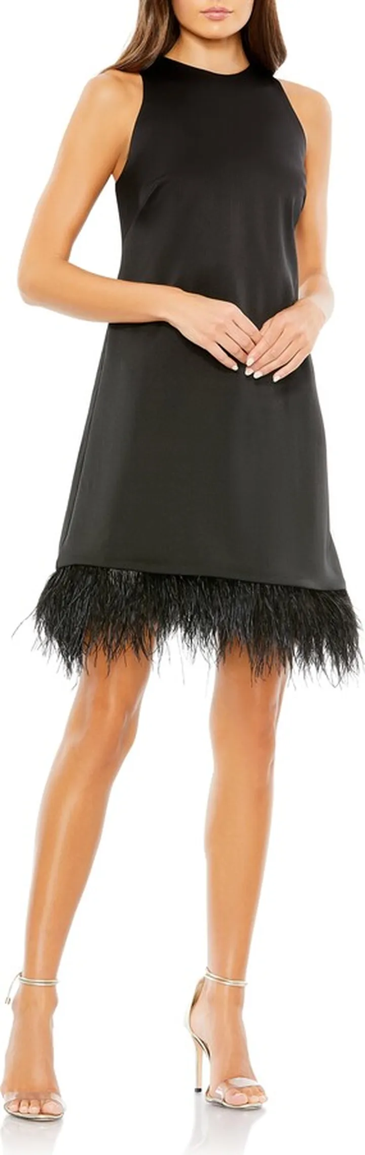 Feathered Hem High Neck Sleeveless A Line Dress