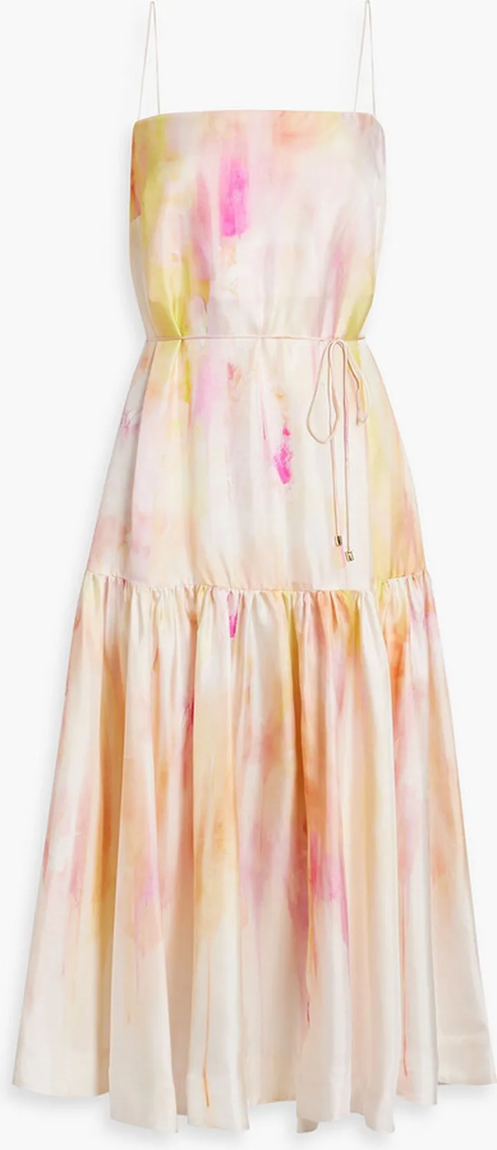 Gathered printed silk-satin twill midi dress