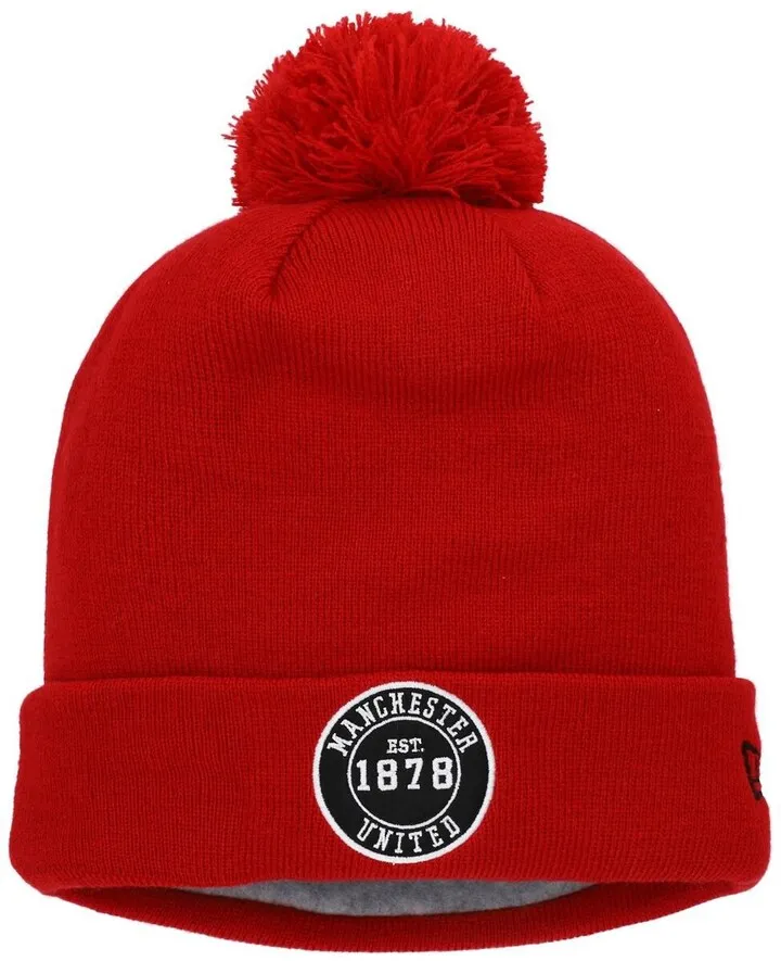 Men's New Era Red Manchester United Patch Bobble Cuffed Knit Hat with Pom