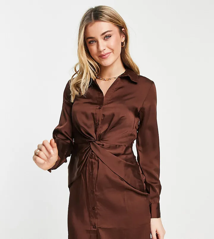 Stradivarius twist detail satin shirt dress in chocolate brown