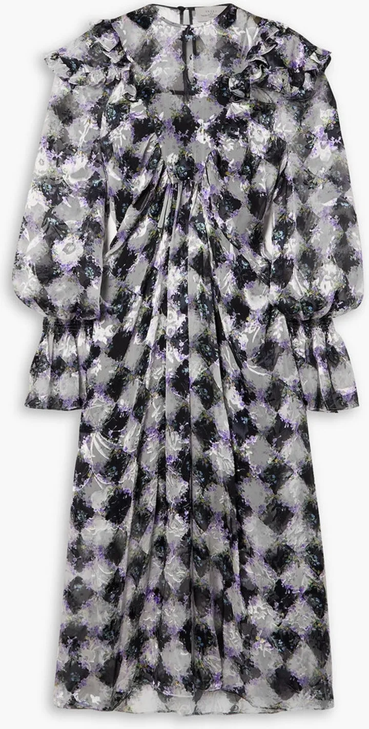 Mystic ruffled printed devoré-satin midi dress