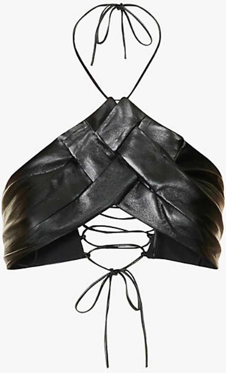 Womens Black Vortico Halterneck Faux-leather top