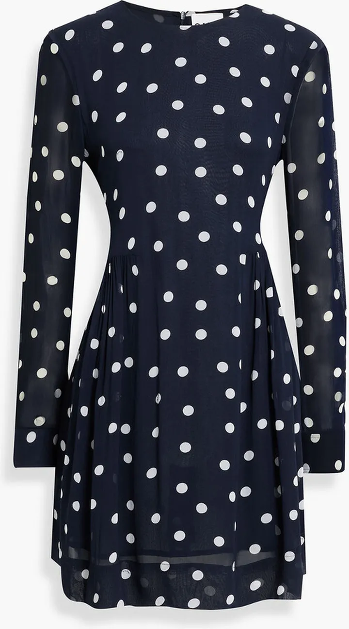 Pleated polka-dot chiffon mini dress