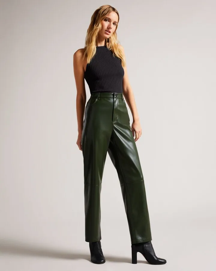 Straight Leg Faux Leather Trousers in Khaki