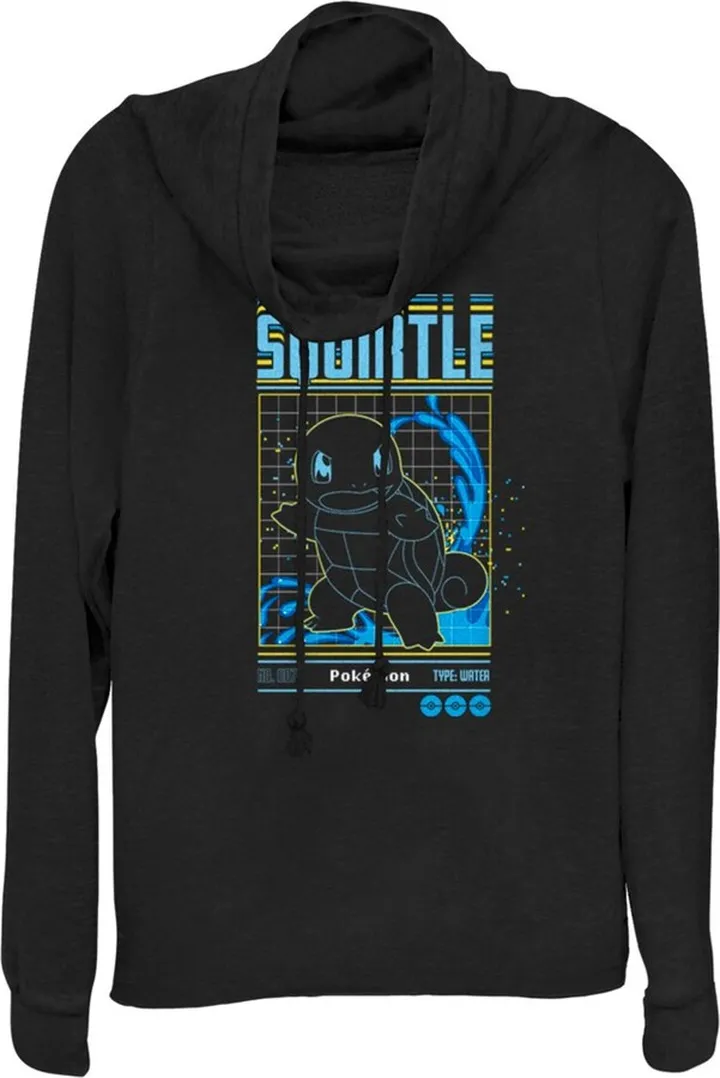 Junior's Pokemon Squirtle Retro Grid Cowl Neck Sweatshirt - Black - X Small