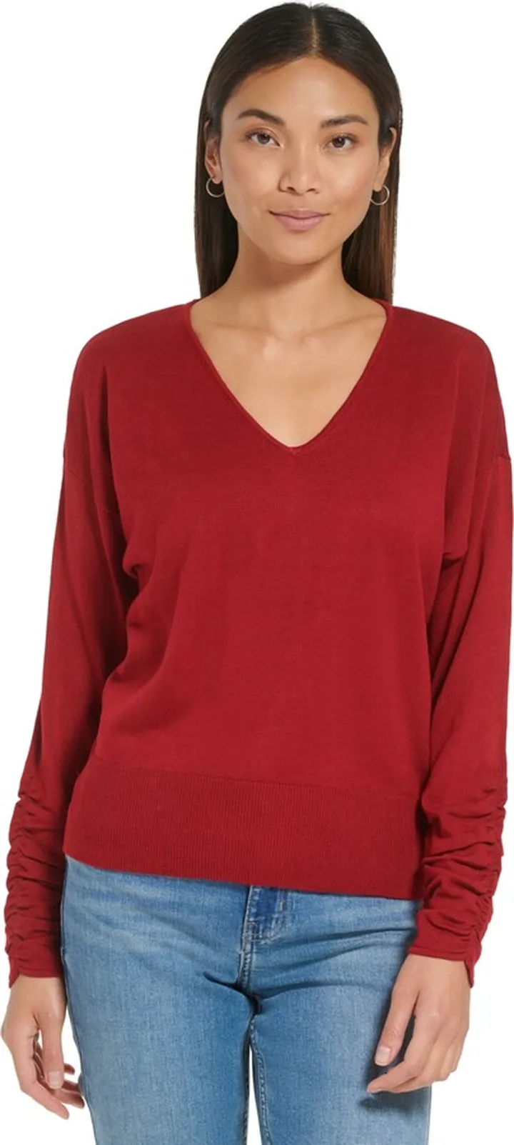 Calvin Klein Women's Ruched Sleeve V-Neck Sweater