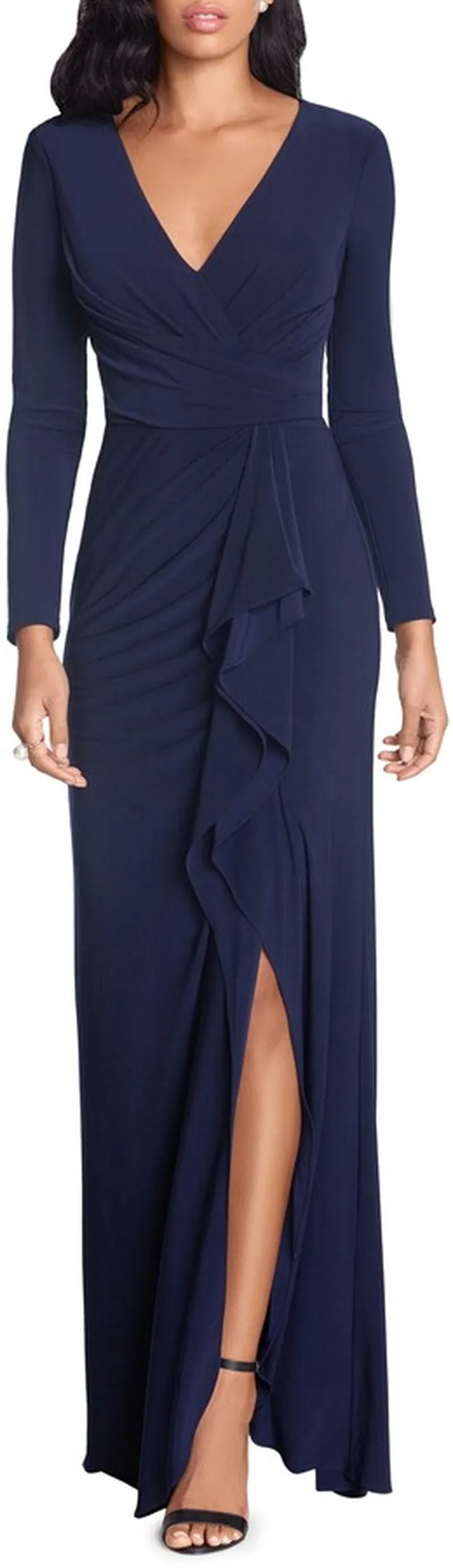 Cascade Ruffle Long Sleeve Stretch Jersey Gown