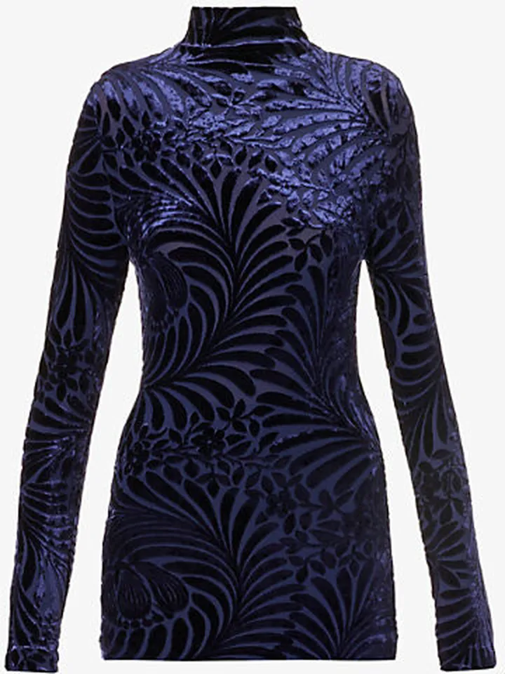 Womens Blue Turtleneck Floral-pattern Stretch-woven top