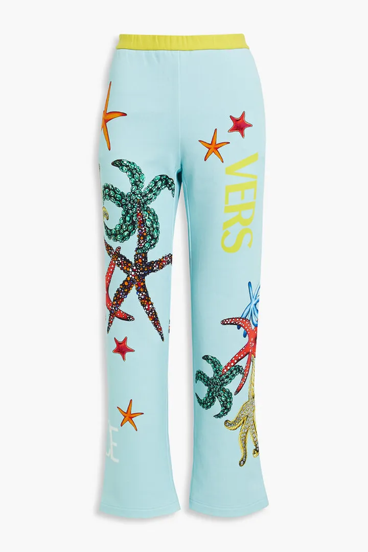 Cropped printed French cotton-terry track pants