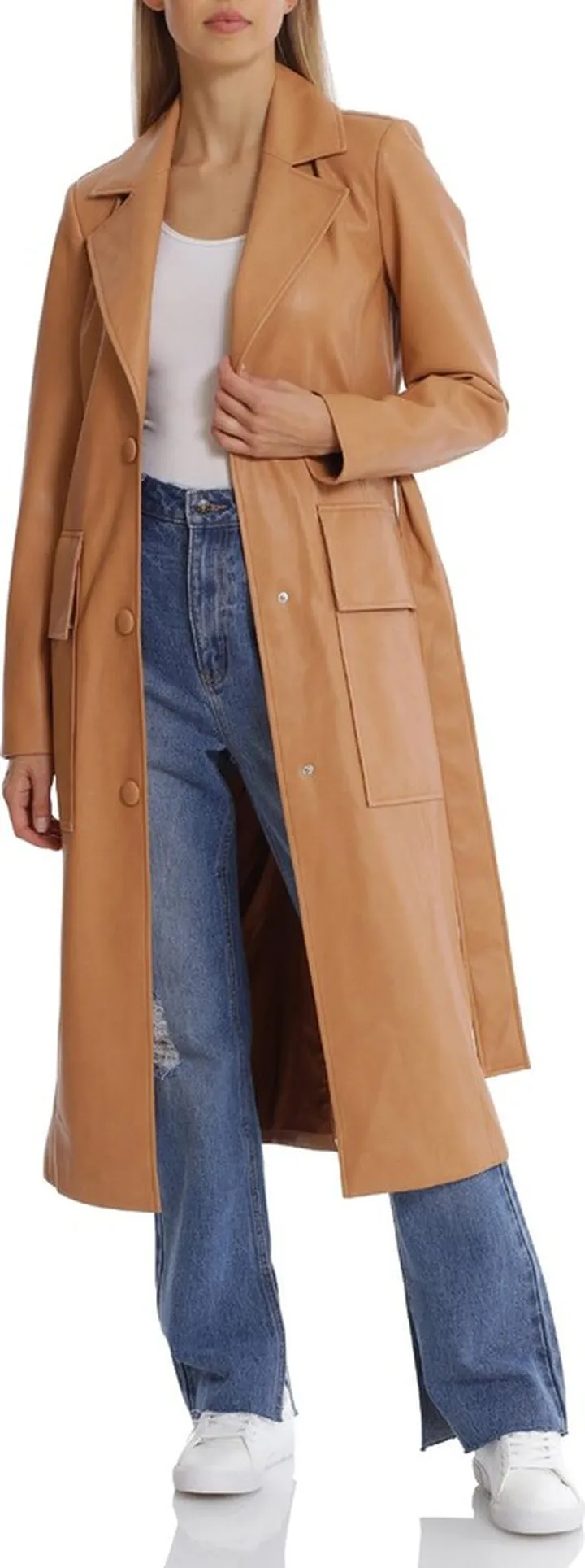 Womens Faux Leather Belted Trench Coat