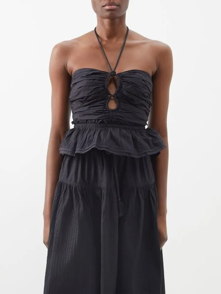 Adaleigh Halterneck Pleated Cotton-poplin Top