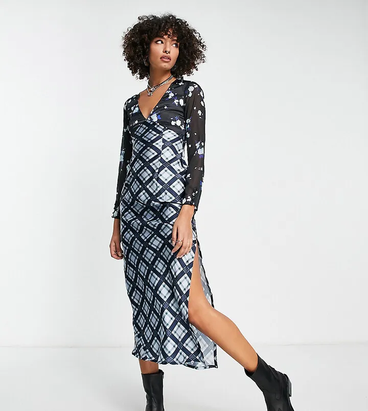 Reclaimed Vintage contrast plaid and floral long sleeve midi dress in blue