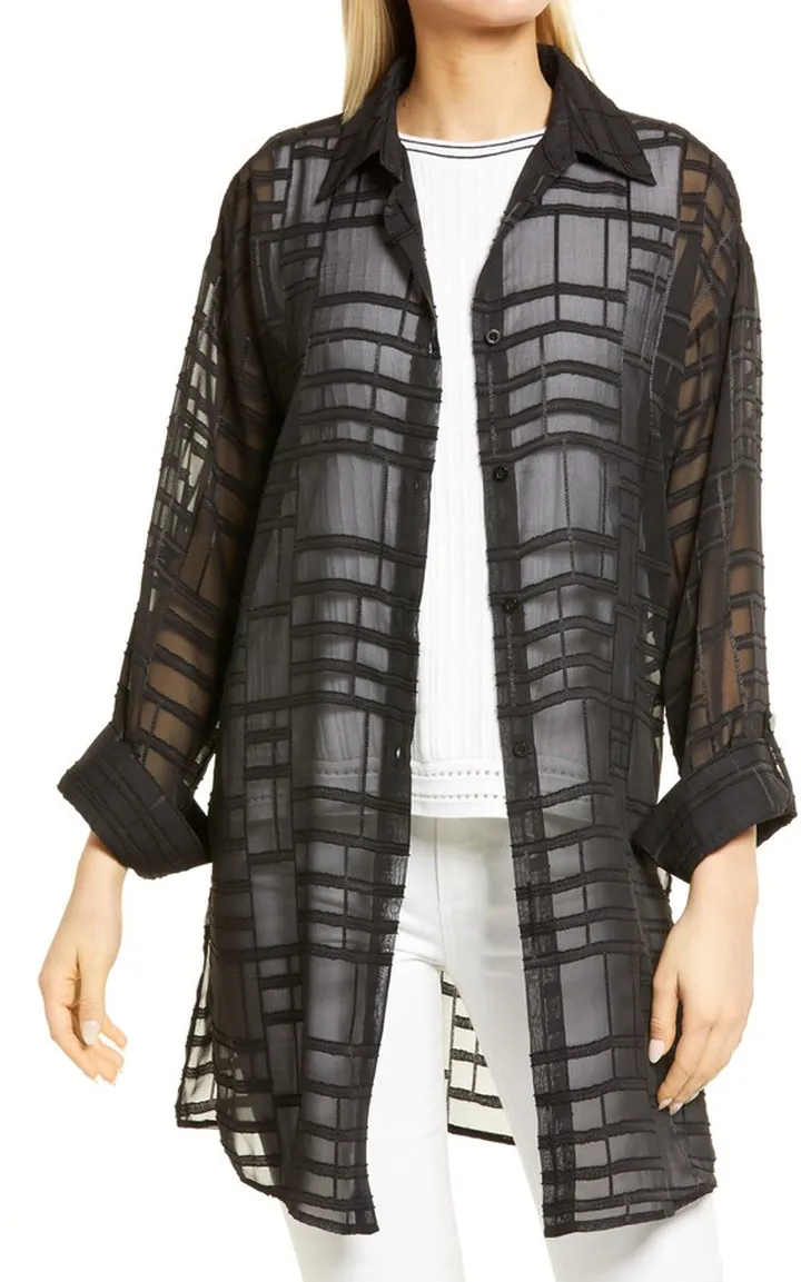 Sheer Geo Texture Sheer Tunic Blouse