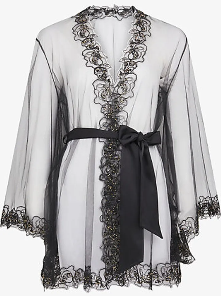 Womens Black Lindie Floral Trim Mesh Dressing Gown