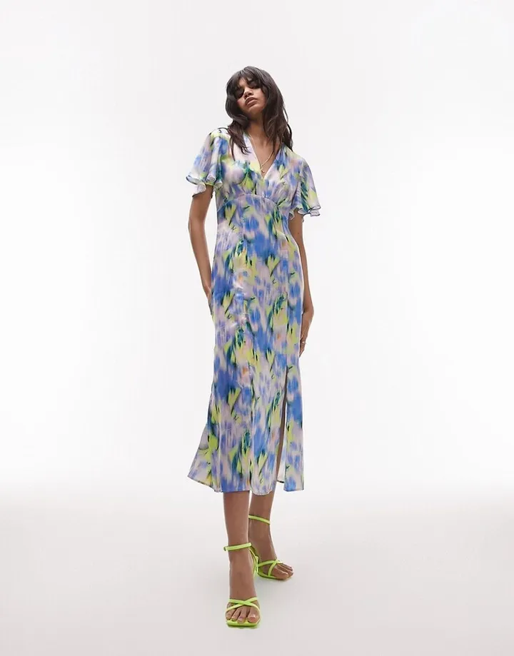 Topshop v neck angel sleeve midi occasion dress in multi