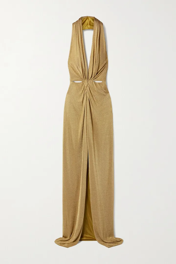 Costarellos - Nara Twist-front Metallic Stretch-knit Halterneck Gown - Gold