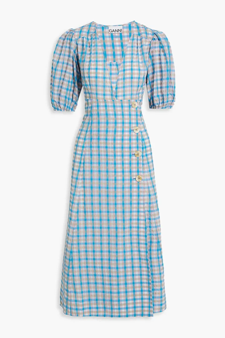 Gathered gingham seersucker midi dress