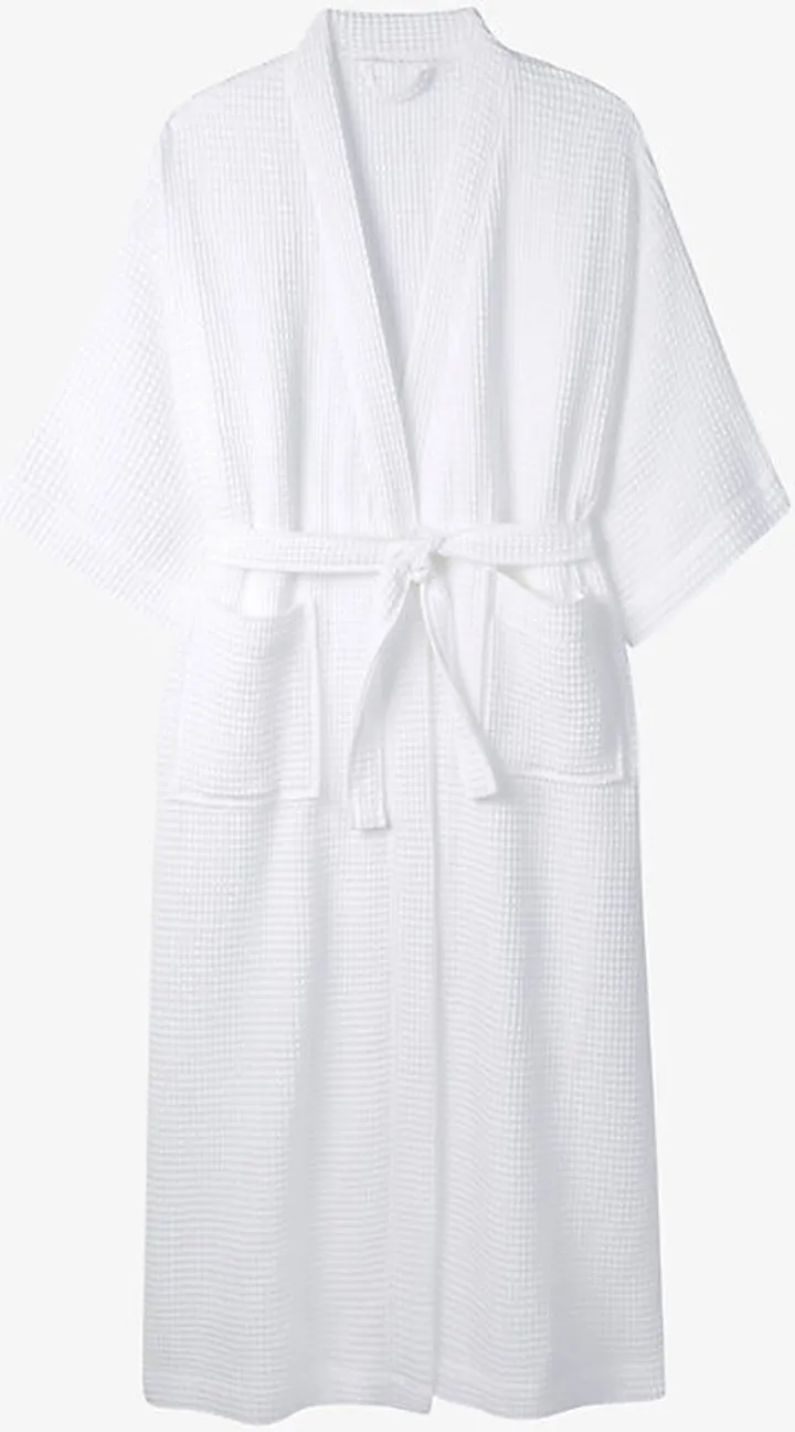 White Waffle-texture Long-length Self-tie Cotton Robe