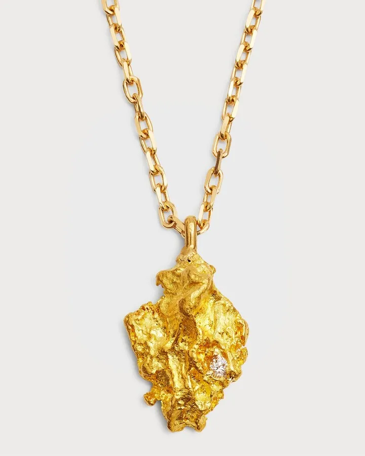 23K Yellow Gold Nugget Necklace with One Diamond