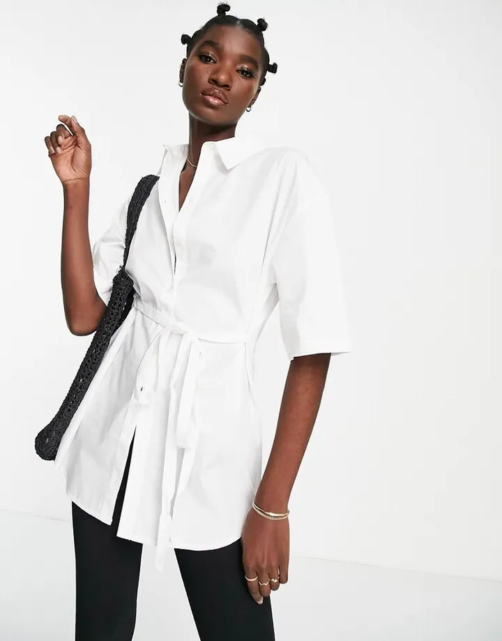 Topshop tie waist short sleeve poplin shirt in white