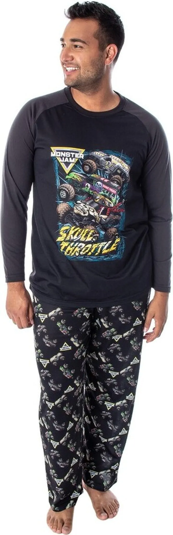 Monster Jam Men's Skull Throttle Monster Truck Shirt And Pants Pajama Set (LG) Black
