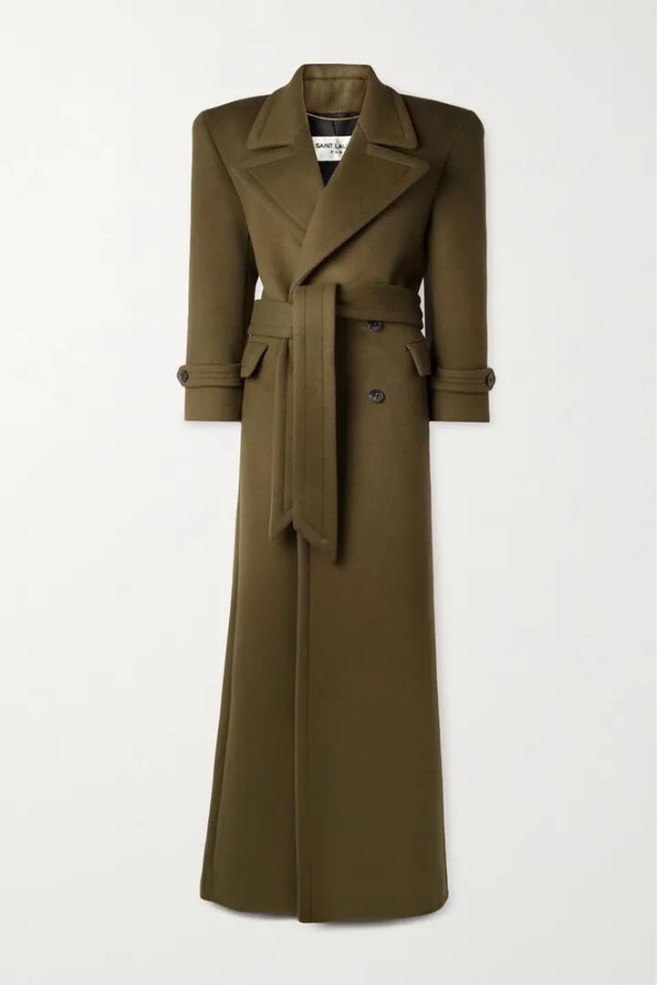 SAINT LAURENT - Double-breasted Belted Wool Coat - Green