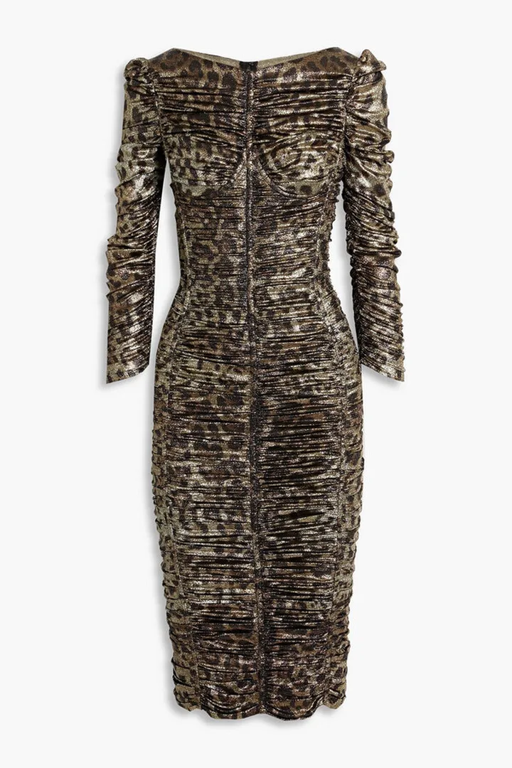 Ruched leopard-print silk-blend lamé midi dress