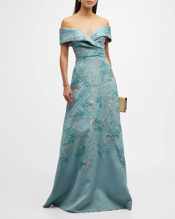 Off-Shoulder Metallic Floral Jacquard Gown