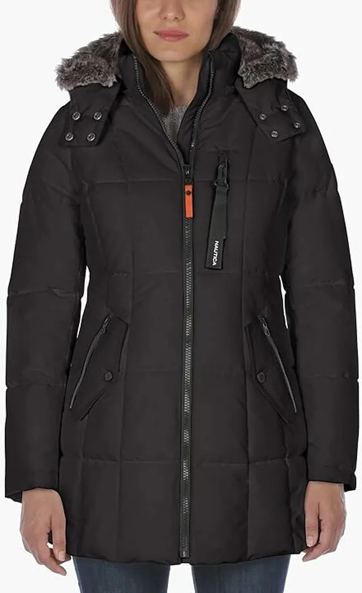 Nautica Women's Heavyweight Puffer Jacket with Faux Fur Lined Hood (Black) Women's Coat