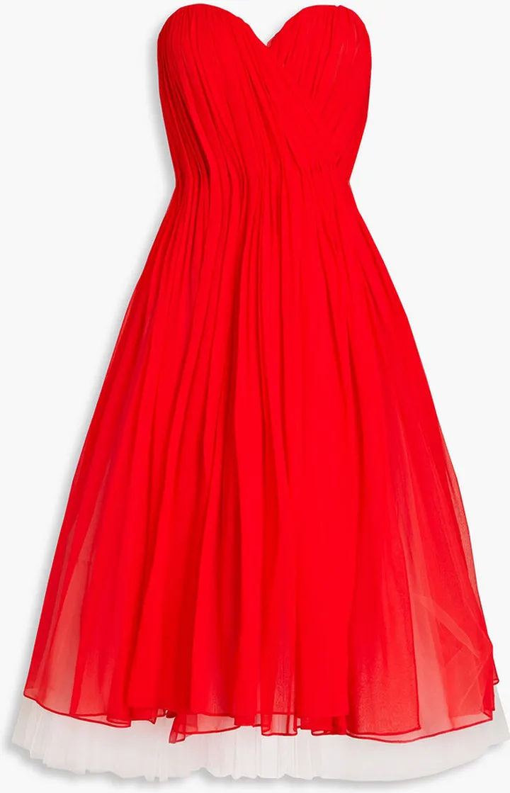 Strapless plissé silk-chiffon and tulle midi dress