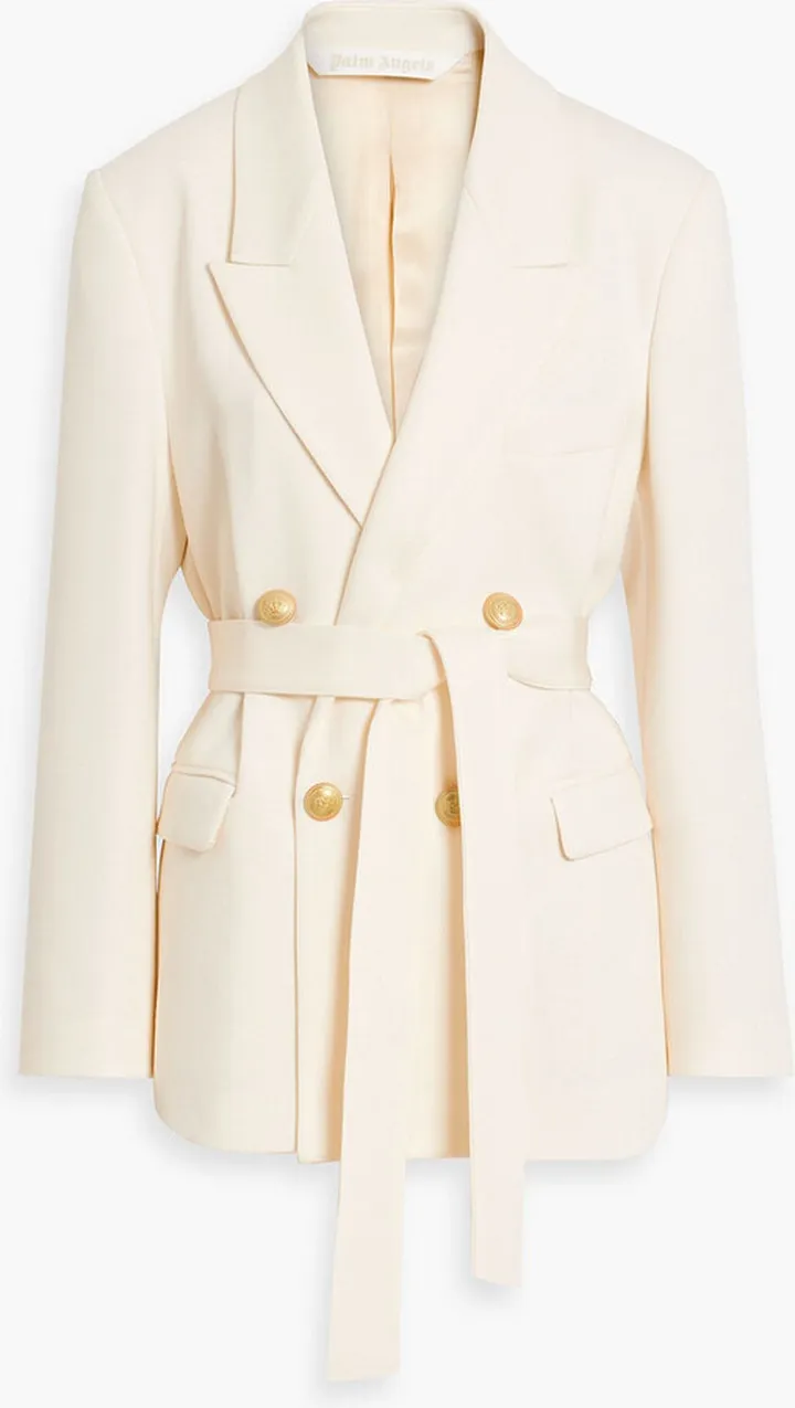 Double-breasted belted cotton-blend cady blazer
