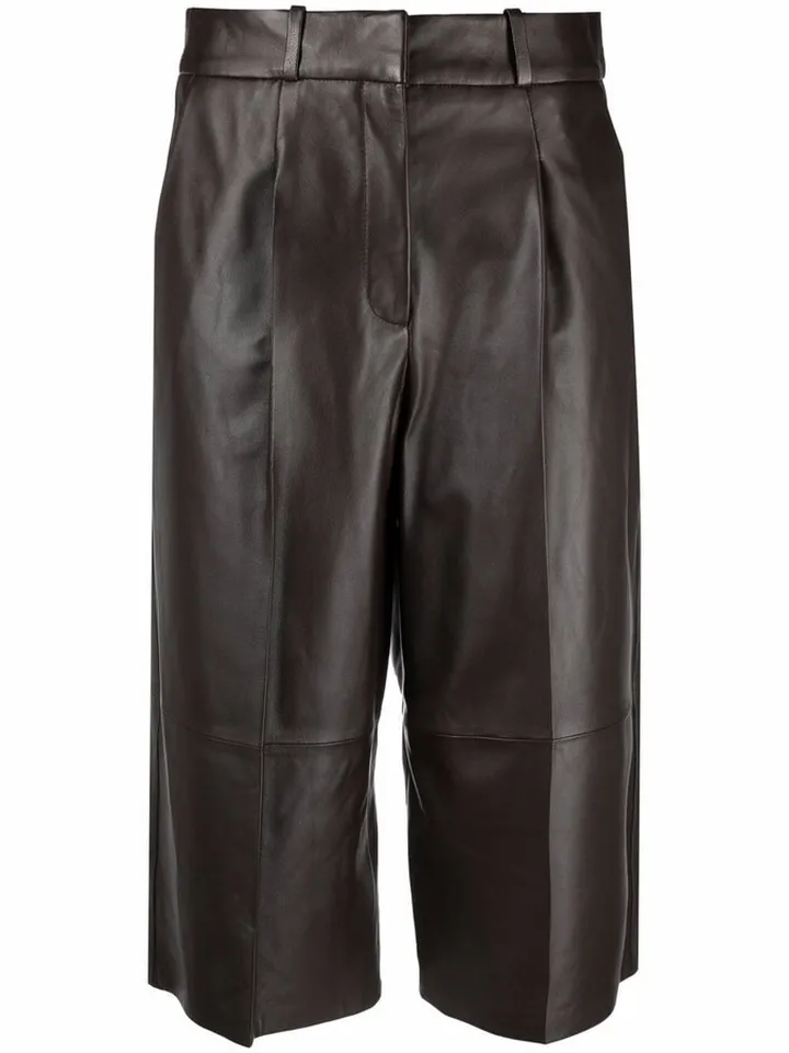 Pleat-Detail Leather Knee-Length Shorts