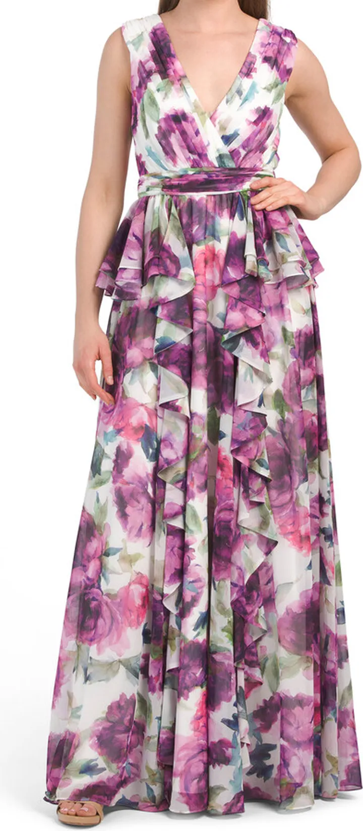 Sleeveless Floral Ruffle Gown