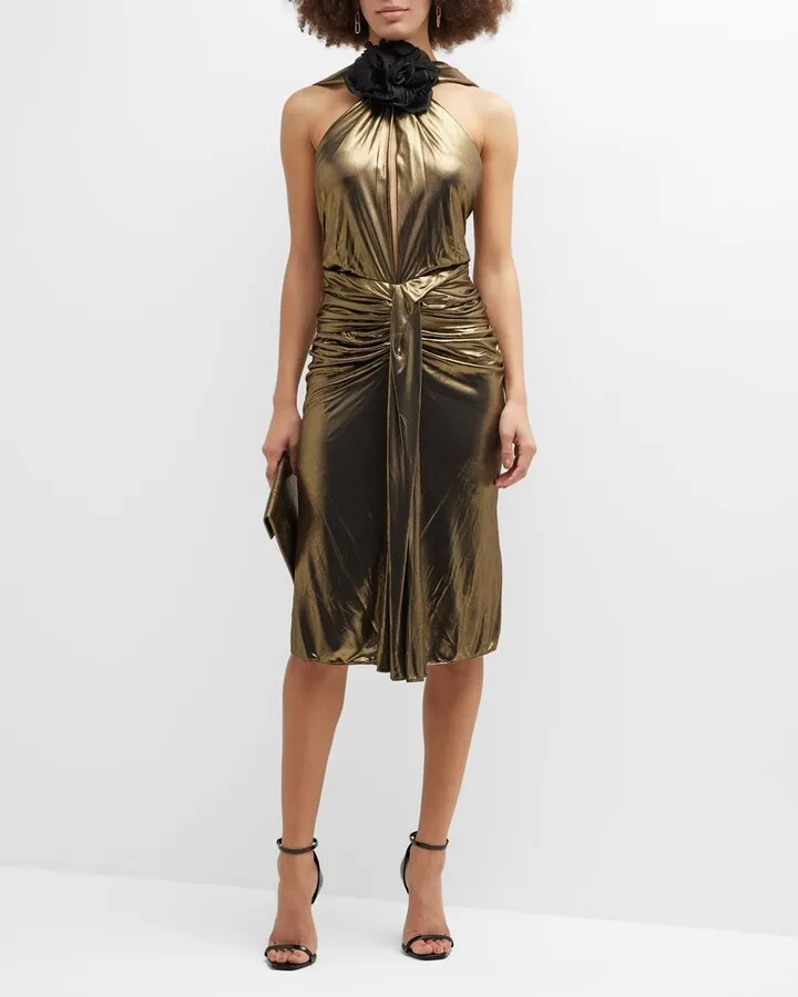 Flower-Applique Cutout Ruched Metallic Dress
