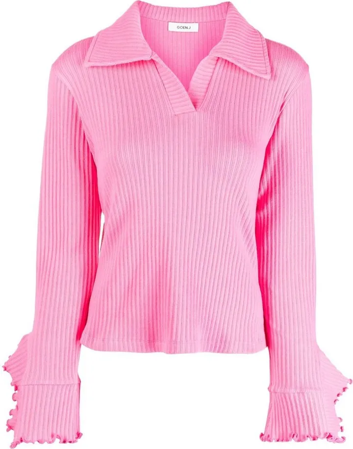 Ribbed Ruffle-Trim Polo Top