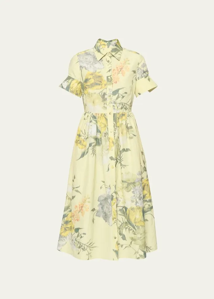 Flared Floral Print Midi Shirtdress
