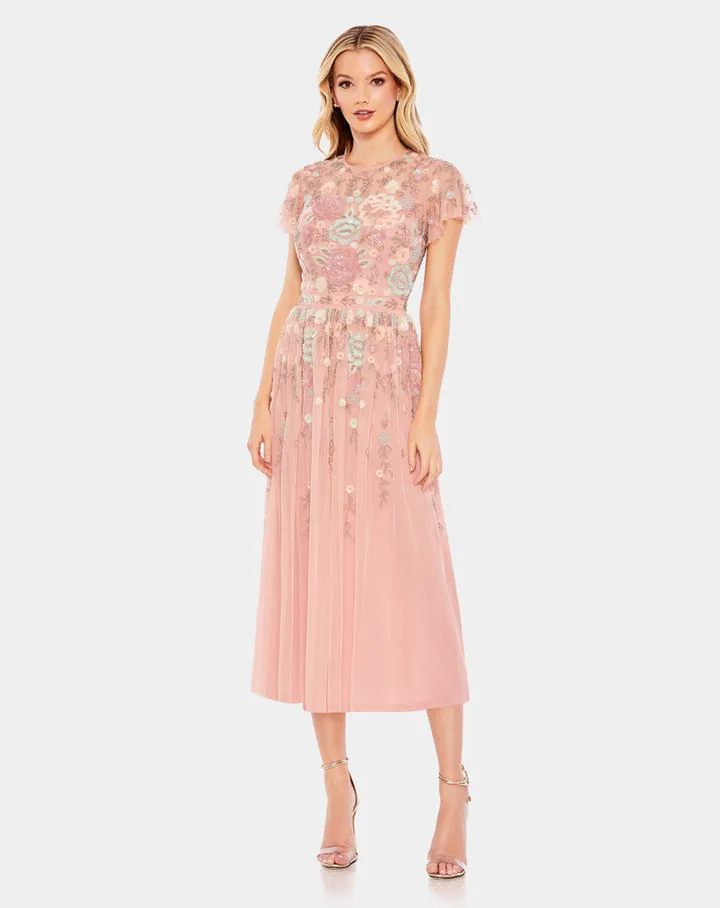 Embellished Illusion Butterfly Sleeve Midi Dress