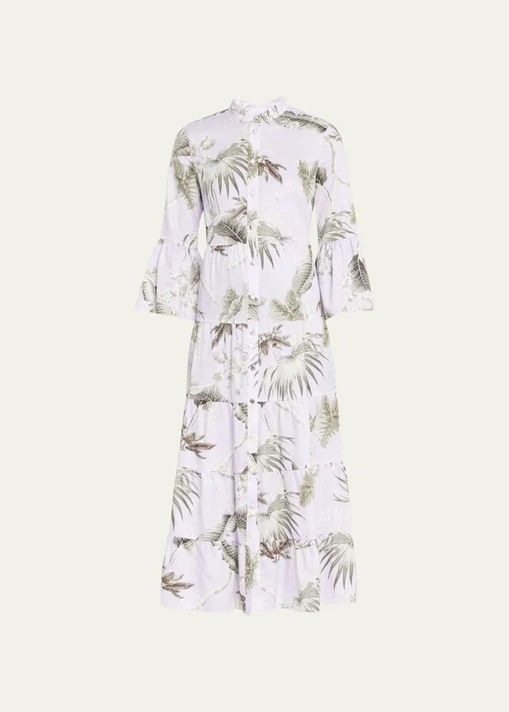 Tiered Frilled-Sleeve Midi Shirtdress