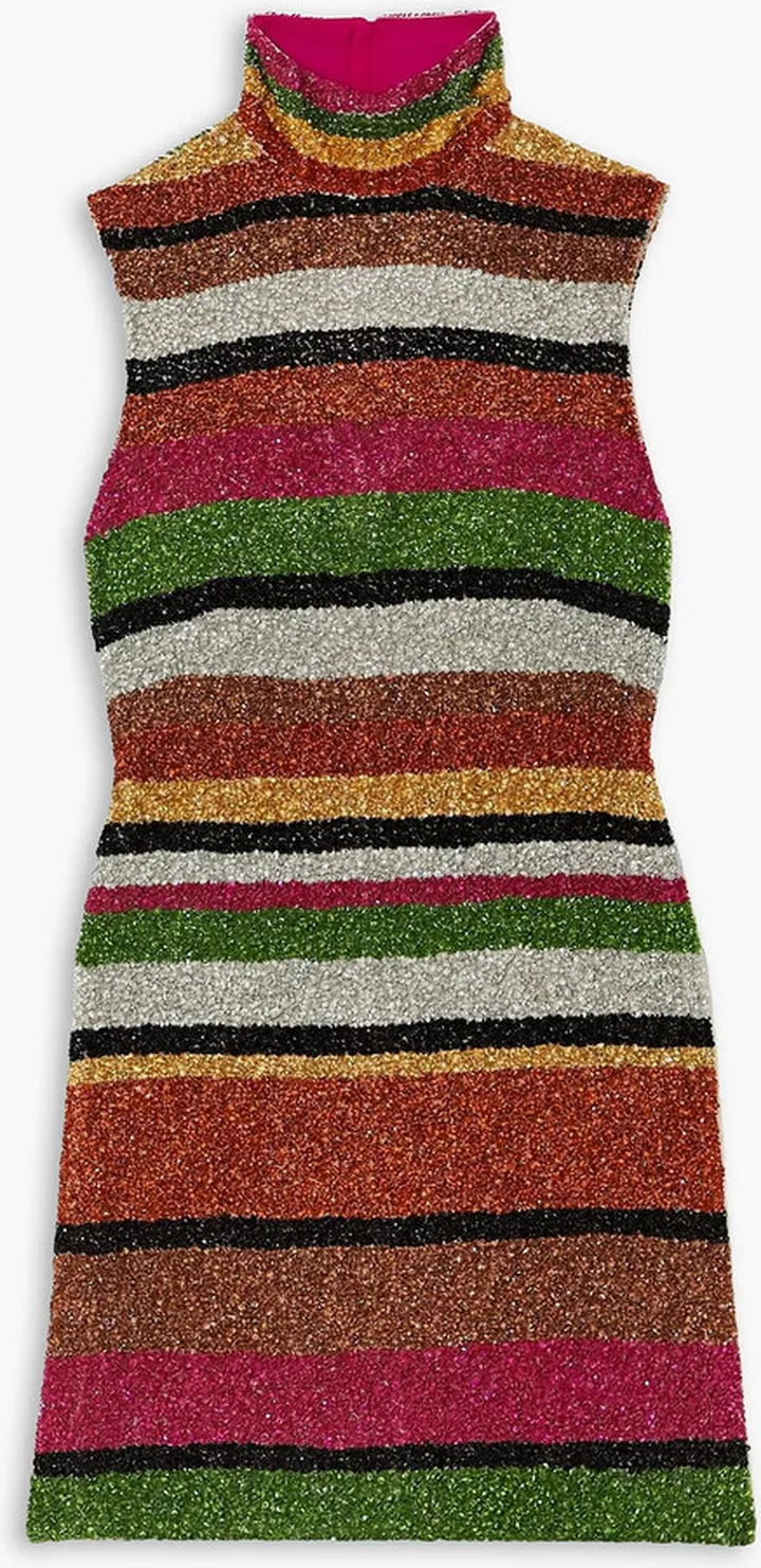 Open-back striped sequined chiffon mini dress