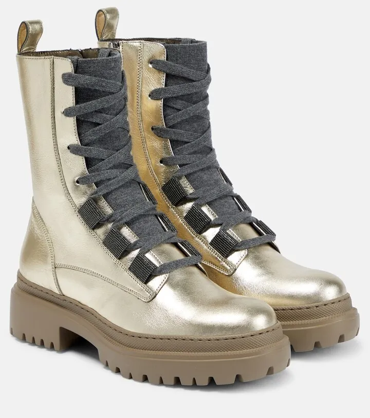 Metallic leather lace-up boots